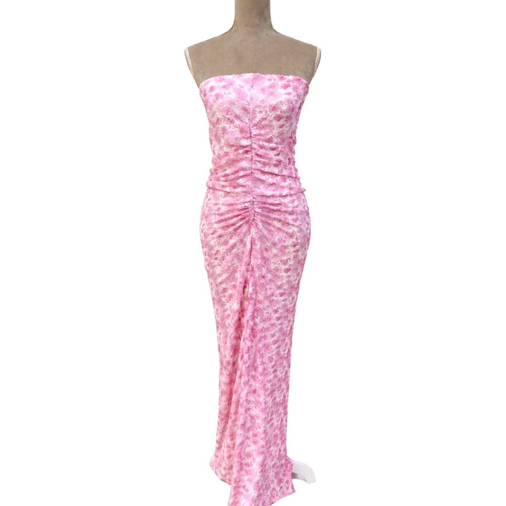 NWT Pink Strapless Ruched Lace Maxi Dress Romantic Fairy Cottage Evening Gown